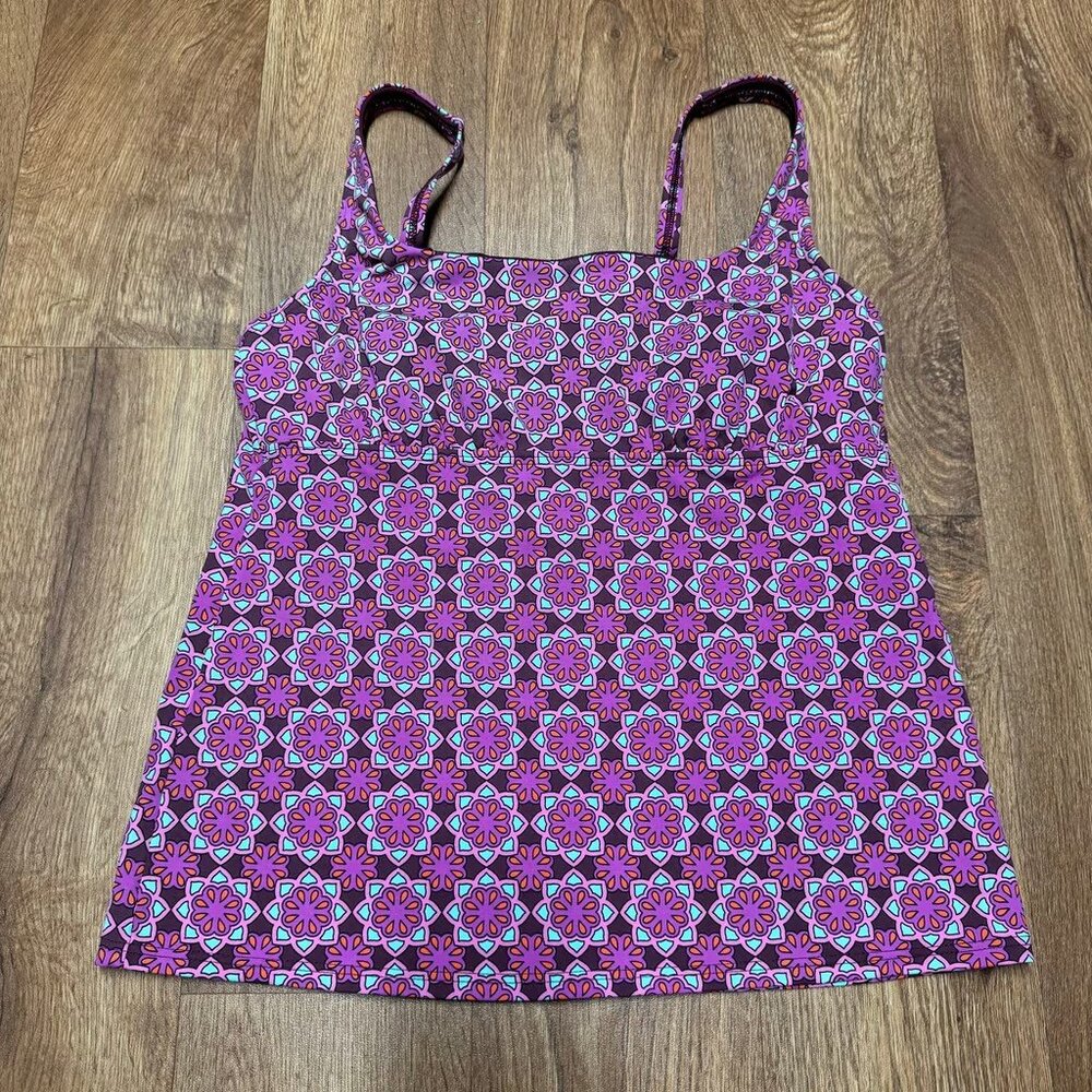 Lands End Womens Purple Medallion Babydoll Tankini Swim Top Underwire Size 8